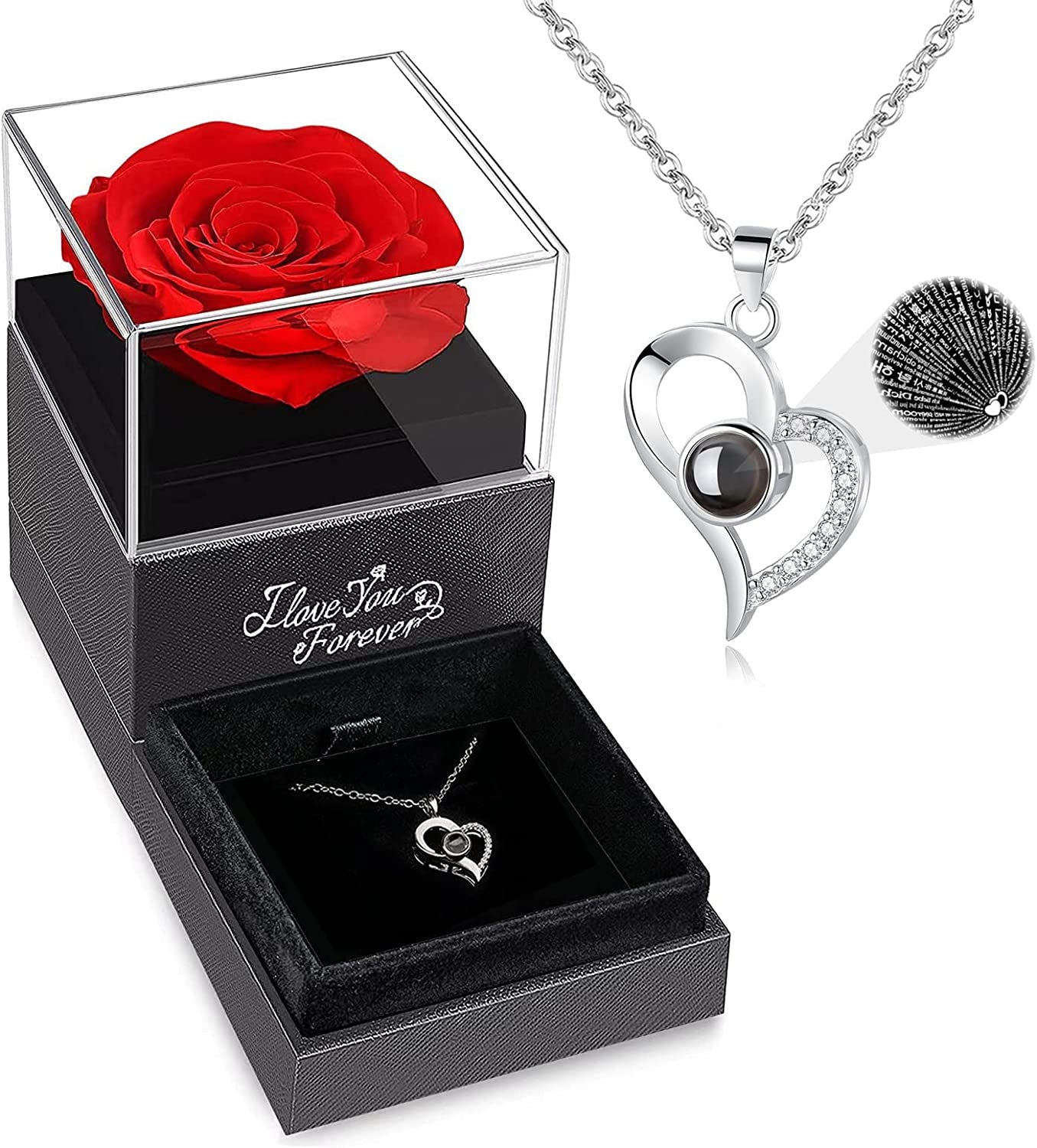 Valentines Day Gifts for Her, Preserved Real Rose with I Love You Necklace, Valentines Day Gifts for Mom Wife Girlfriend, Anniversary or Birthday Gifts for Women